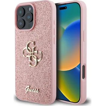Náhradní kryt pro mobilní telefon Guess PU Fixed Glitter 4G Metal Logo zadní kryt pro iPhone 16 Pro Pink