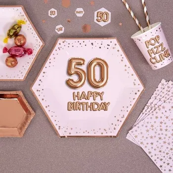 Party nádobí Neviti - Sada 8 středních papírových talířů šestihranných "50 Happy -