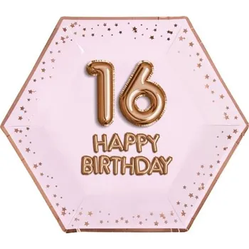 Party nádobí Neviti - Sada 8 šestihranných papírových talířů "16 Happy Birthday" - -