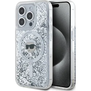 Náhradní kryt pro mobilní telefon Karl Lagerfeld Liquid Glitter Karl Head MagSafe zadní kryt pro iPhone 15 Pro Transparent