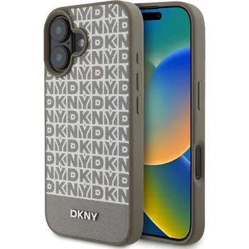 Náhradní kryt pro mobilní telefon DKNY PU Leather Repeat Pattern Bottom Stripe MagSafe zadní kryt pro iPhone 16 Brown