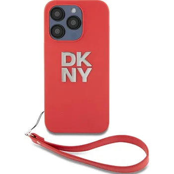 Náhradní kryt pro mobilní telefon DKNY PU Leather Stack Logo Wrist Strap zadní kryt pro iPhone 15 Pro Max Red