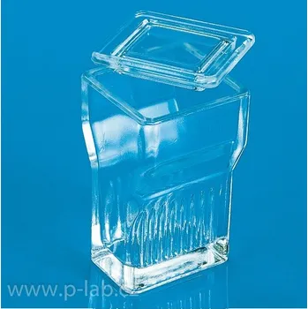 Laboratorní baňka Nádobky barvicí skleněné (Popis: Nádobka typ Hellendahl, Délka (mm): 60, Šířka (mm): 57, Výška (mm): 100, Balení (ks): 1)