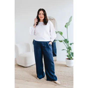 Dámské kalhoty Dámské lněné kalhoty LINEN modré - DALIKAMOS