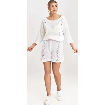 Smetanová dámská pletená souprava halenky s 3/4 rukávem a kraťasů M995 Ecru Velikost: ONE SIZE