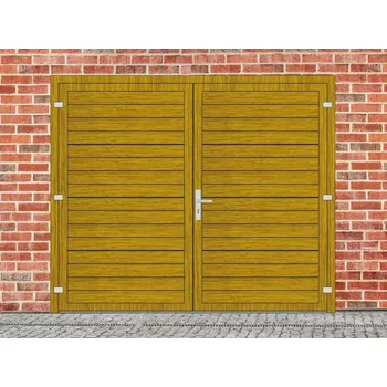 Garážová vrata Dvoukřídlá garážová vrata - ALIPLAST 65, na míru, zlatý dub Otevírání: O pravé ven, Šířka (zadejte nejbližší vyšší rozměr): 2000 mm, Výška (zadejte nejbližší vyšší rozměr): 2100 mm + příslušenství a montážní materiál zdarma