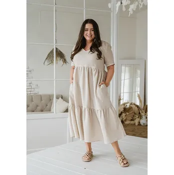 Dámské šaty Šaty lněné LINEN s volány béžové - SALIVOBEL/XL