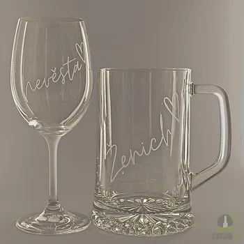 Sklenice Pískovaná sklenice na víno Nevěsta / Pískovaný půllitr na pivo Ženich