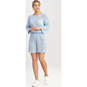 Světle modrá dámská pletená souprava halenky s 3/4 rukávem a kraťasů M995 Light Blue Velikost: ONE SIZE