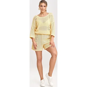 Světle žlutá dámská pletená souprava halenky s 3/4 rukávem a kraťasů M995 Yellow Velikost: ONE SIZE