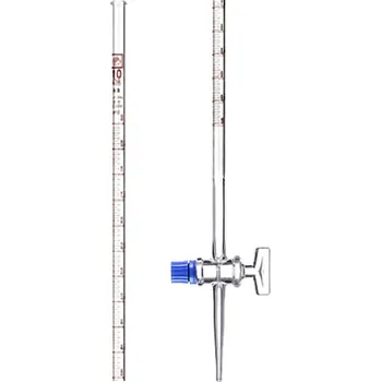 Byreta s přímým kohoutem a skleněným kladívkem (Jmenovitý objem (ml): 100, Dělení (ml): 0,20, Balení (ks): 1, Třída přesnosti: Třída přesnosti B)