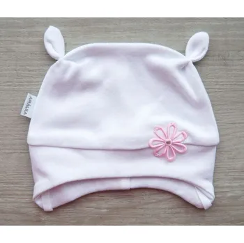 Kojenecká čepice AMÁLKA Bavlněná bílá zavazovací čepička, růžová květinka Velikost: 56-62
