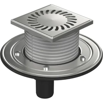 Odvodňovací žlab Podlahová vpusť spodní D40, nerez příruba, rámeček, mřížka SUN 125