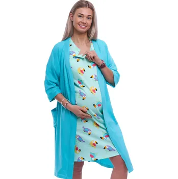 Dámská noční košile Azurový kojící i těhotenský set, košilka a župan vzor barevní ptáčci 1G0703 modrá l