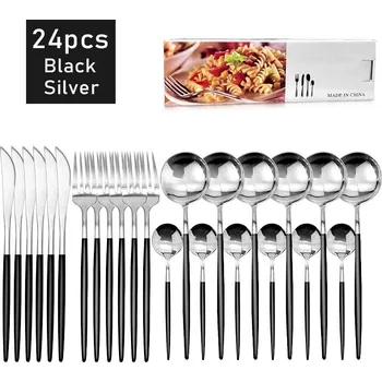 Příbor 24dílná luxusní příborová sada černá a zlatá | nerezové příbory, jídelní sada - Černá Stříbrná