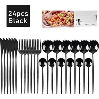 Příbor 24dílná luxusní příborová sada černá a zlatá | nerezové příbory, jídelní sada - Černý