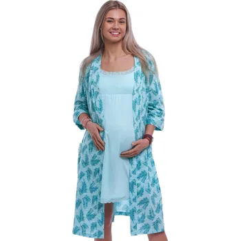 Dámská noční košile Azurový i zelený župan a košilka na tenká, odepínací ramínka na kojení pruhovaný vzor s listím 1G0705 modrá l