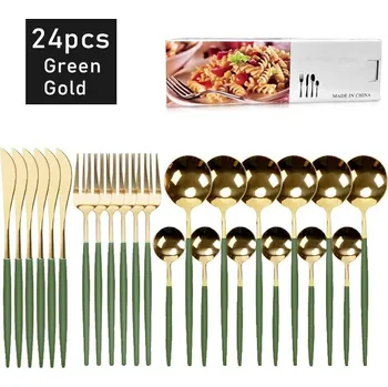 Příbor 24dílná luxusní příborová sada černá a zlatá | nerezové příbory, jídelní sada - Zelené zlato