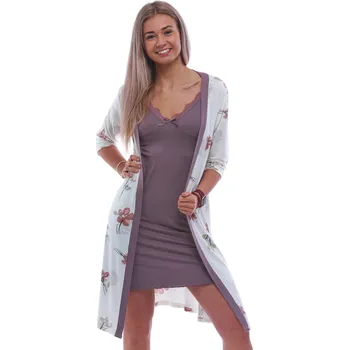 Dámská noční košile Luxusní komplet z jemného materiálu, košilka a župan, bílý, béžový i hnědý vzor květiny 1D1535 bílá m