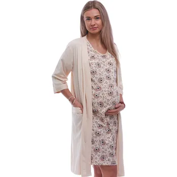 Dámská noční košile Béžový i hnědý kojící i těhotenský set, košilka a župan vzor plyšový medvídci 1G0701 béžová m