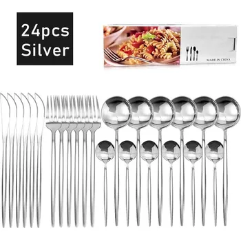 Příbor 24dílná luxusní příborová sada černá a zlatá | nerezové příbory, jídelní sada - Stříbro