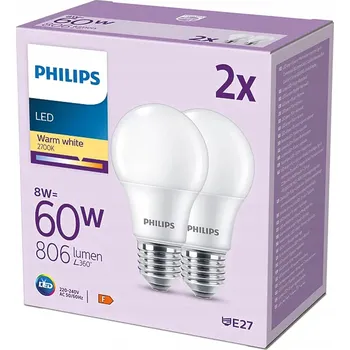 Žárovka Sada 2x LED žárovka E27 A60 8W = 60W 806lm 2700K Teplá bílá 150° PHILIPS