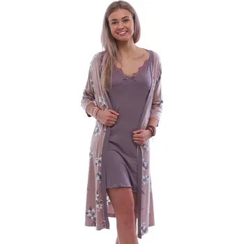 Dámská noční košile Luxusní komplet z jemného materiálu, košilka a župan, hnědý a bílé květy 1D1529 hnědá l