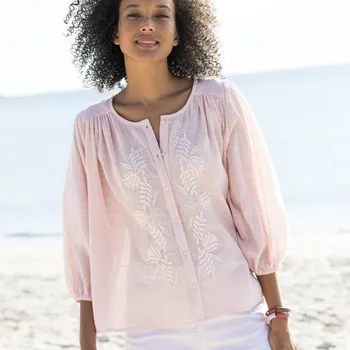 Dámská halenka Halenka s výšivkou a 3/4 nabíranými rukávy šedorůžová/režná 54