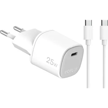 Nabíječka do sítě Celly 1x USB-C GaN, 25 W + USB-C kabel - bílá