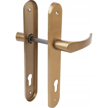 Dveřní kování Dveřní klika se štítkem, dlouhá, rozteč 90 mm, klíč, zlatá