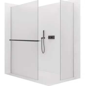 CERANO - Sprchová zástěna Walk-in Crystal T L/P - 8 mm - bezvzpěrový systém + polička/držák na ručníky - černá matná, mléčné sklo - 150x70x200 cm