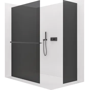 CERANO - Sprchová zástěna Walk-in Crystal T L/P - 8 mm - bezvzpěrový systém + polička/držák na ručníky - černá matná, grafitové sklo - 160x100x200 cm