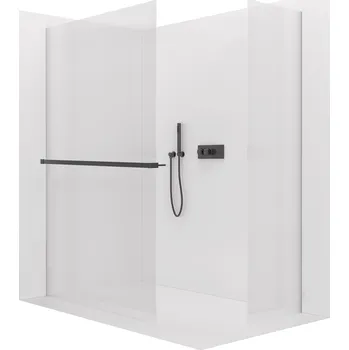 CERANO - Sprchová zástěna Walk-in Crystal T L/P - 8 mm - bezvzpěrový systém + polička/držák na ručníky - černá matná, rýhované sklo - 150x120x200 cm