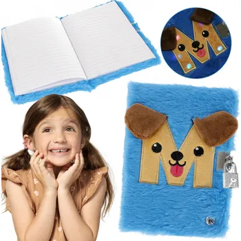 Zápisník Modrý plyšový deník PEJSEK na zámek, SVÍTÍCÍ LED obálka notes