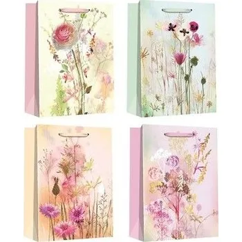 Dárková taška Taška dárková L, KVĚTINY-4vzory, 26x32x12cm, zlatá ražba, papír