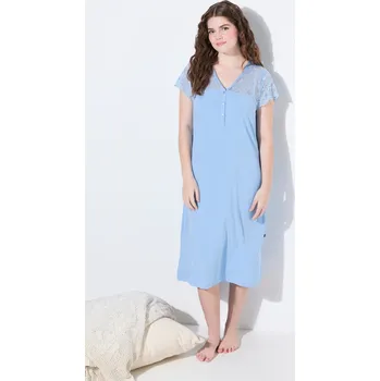 Dámská noční košile Ulla Popken, Plus size Noční košile, krajka, výstřih do V, krajkové krátké rukávy pro plnoštíhlé nadměrná velikost, 838128718-1129, modrý, 46/48, Nadměrné velikosti, Plus size oblečení, Oblečení pro boubelky, Oblečení pro baculky, Oblečení pro plnoštíhlé,