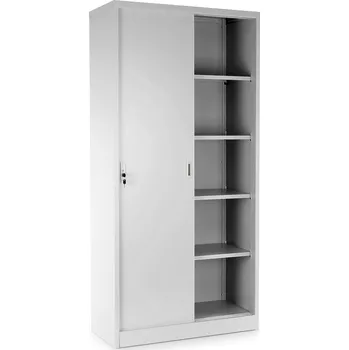 Policová skříň Univerzální kovová skříň s posuvnými dveřmi 90 x 40 x 185 cm, cylindrický zámek, šedá - ral 7035