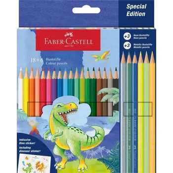 Pastelka Faber-Castell šestihranné pastelky, motiv Dinosaurus 18 + 3 + 3 barev + samolepky