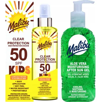 Opalování Malibu Bezbarvý Sprej pro Děti SPF50 250ml + Aloe Gel po Opalování 200 Ml
