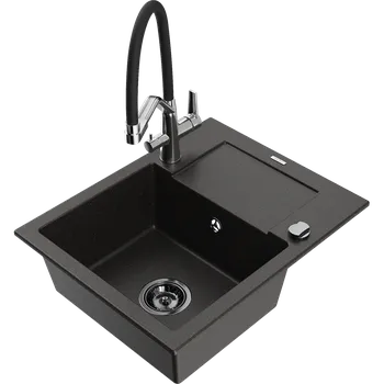 Granitový dřez Mexen Enzo granitový dřez 1-komorový s odkapávačem a kuchyňskou baterií Duo, černý/zlatý metalik - 6506-75-671701-07-B Granitové dřezy s baterií