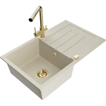 Mexen Bruno granitový dřez 1-komorový s odkapávačem a kuchyňskou baterií Duero, béžový - 6513-69-671600-50 Granitové dřezy s baterií