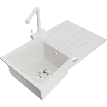 Granitový dřez Mexen Cesar granitový dřez 1-komorový s odkapávačem a kuchyňskou baterií Duero, bílý - 6514-20-671600-20 Granitové dřezy s baterií