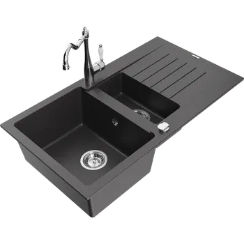 Kuchyňský dřez Mexen Matias granitový dřez 1,5-komorový s odkapávačem a kuchyňskou baterií Carla, černý tečkovaný - 6502-76-670700-00 Granitové dřezy s baterií