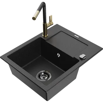 Granitový dřez Mexen Enzo granitový dřez s 1 komorou a odkapávačem a kuchyňskou baterií Flora, černý/stříbrný metalik - 6506-73-670401-57-B Granitové dřezy s baterií