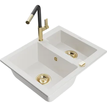 Granitový dřez Mexen Carlos granitový dřez 1,5-komorový s kuchyňskou baterií Flora, bílý - 6518-20-670401-57-G Granitové dřezy s baterií