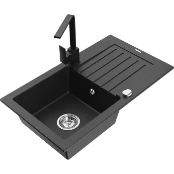 Granitový dřez Mexen Pablo granitový dřez 1-komorový s odkapávačem a kuchyňskou baterií Rita, černý/stříbrný metalický - 6510-73-670300-70 Granitové dřezy s baterií