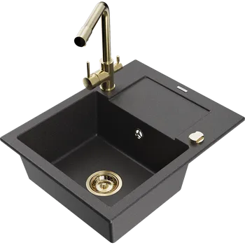 Granitový dřez Mexen Enzo granitový dřez 1-komorový s odkapávačem a kuchyňskou baterií Duero, černý skvrnitý - 6506-76-671600-50 Granitové dřezy s baterií