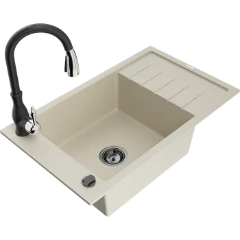Granitový dřez Mexen Elias granitový dřez s 1 komorou a odkapávačem a kuchyňskou baterií Savita, béžový - 6511-69-672601-70 Granitové dřezy s baterií