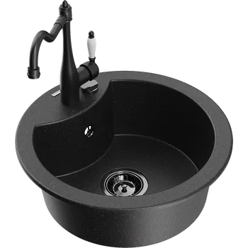 Granitový dřez Mexen Diego granitový dřez 1-komorový s kuchyňskou baterií Carla, černý/stříbrný metalik - 6512-73-670700-70-B Granitové dřezy s baterií