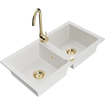 Granitový dřez Mexen Mario dvoukomorový granitový dřez s kuchyňskou baterií Telma, bílý - 6504-20-670200-50 Granitové dřezy s baterií